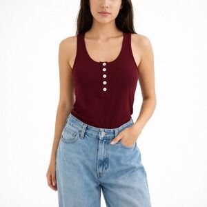 REORIA Burgundy Henley Bodysuit Racerback Snap Closure Women Small